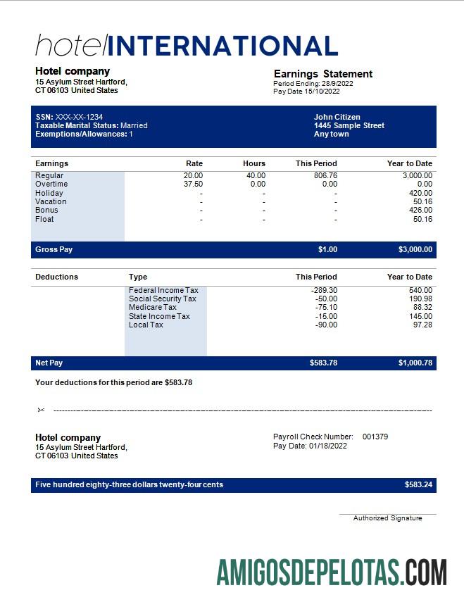 Para download Modelo de folha de pagamento internacional de hotel em formatos Word e PDF